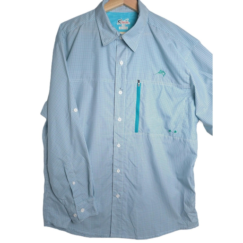 World Wide Sportsman Shirt Mens Sz L Vented Blue Gingham Fishing Performance UPF
